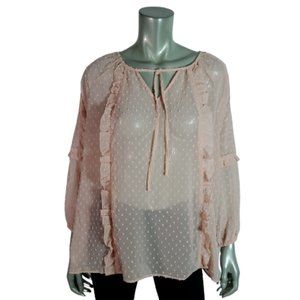 Cato‎ Womens Top Size XL Sheer Embroidered Ruffle Tie Neck Pullover Pink NWT